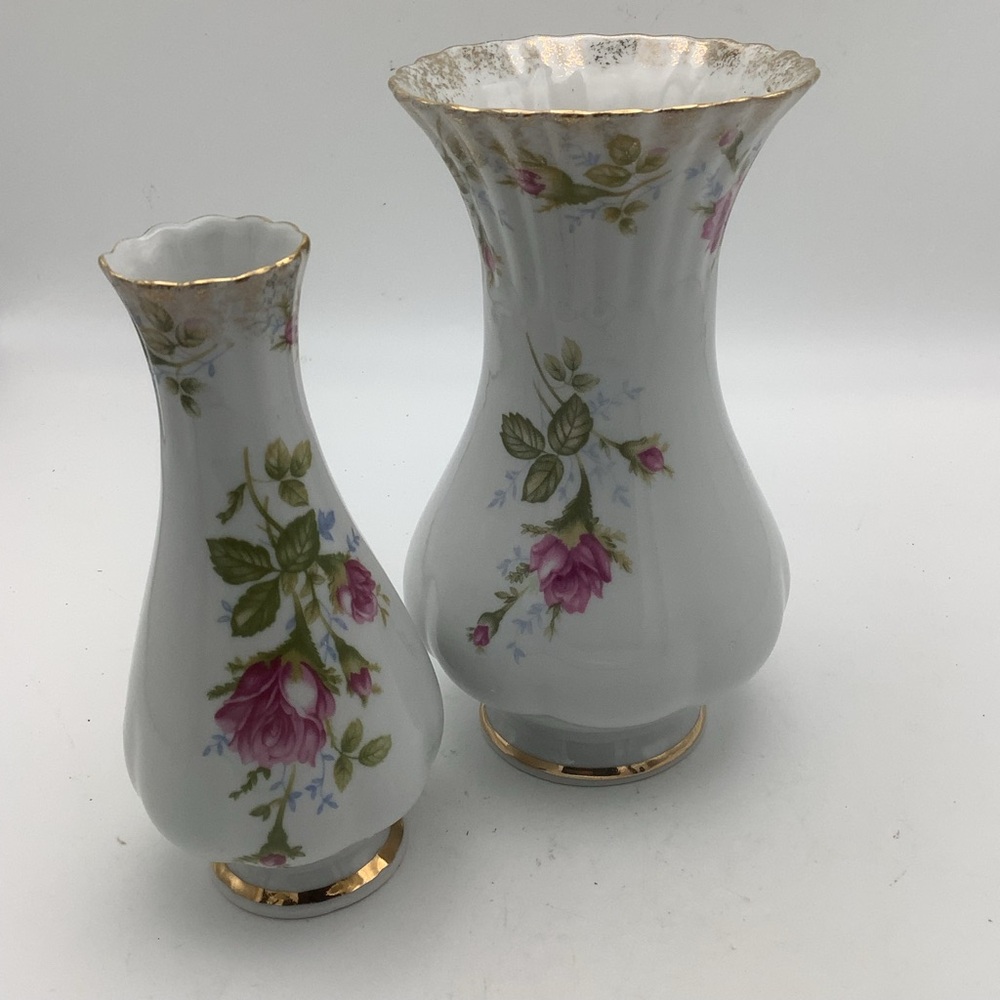 Two Vintage Chodziez Poland Floral Vases Gold Accents